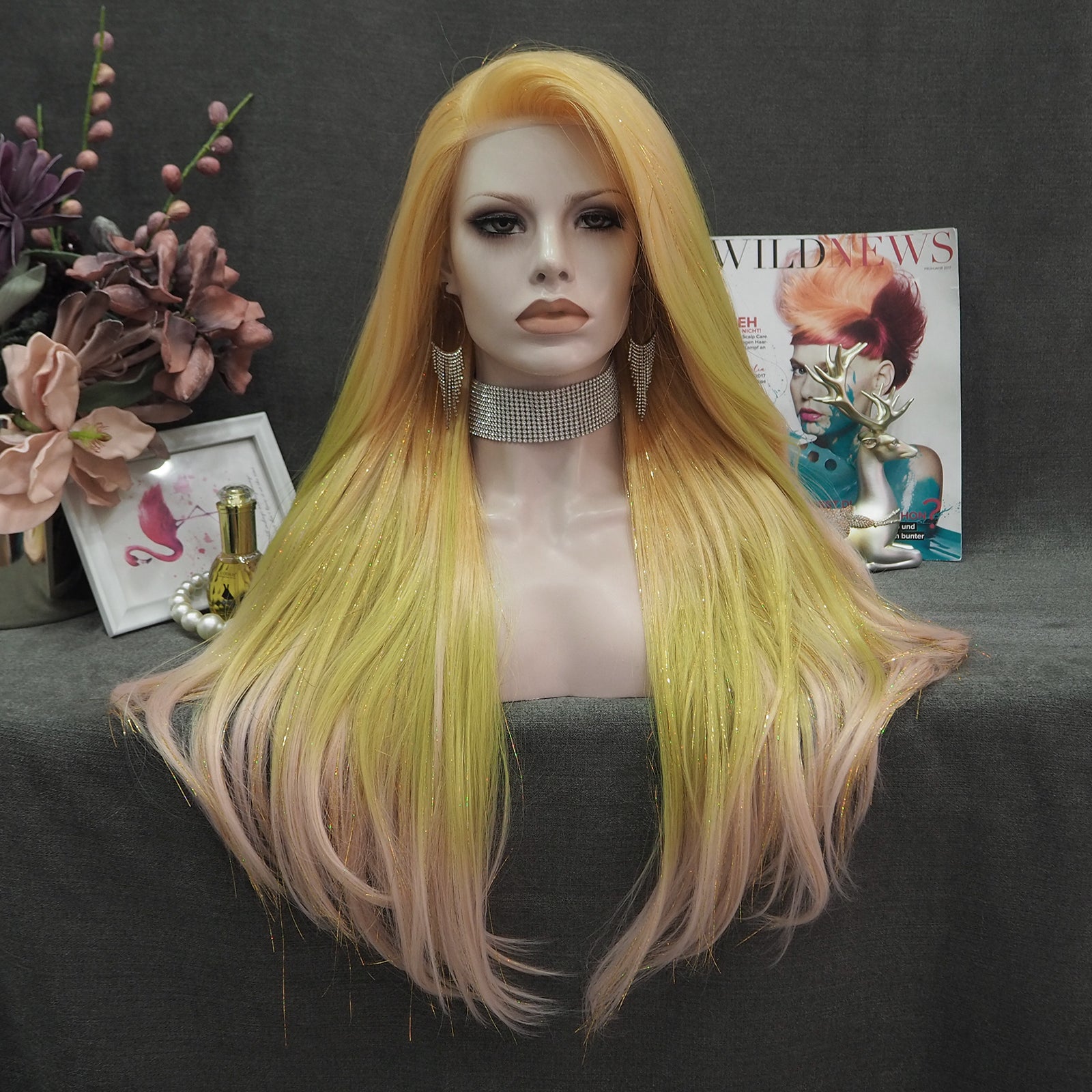 Arianna - Blonde to Light Green Pink Ombre with Tinsel Long 