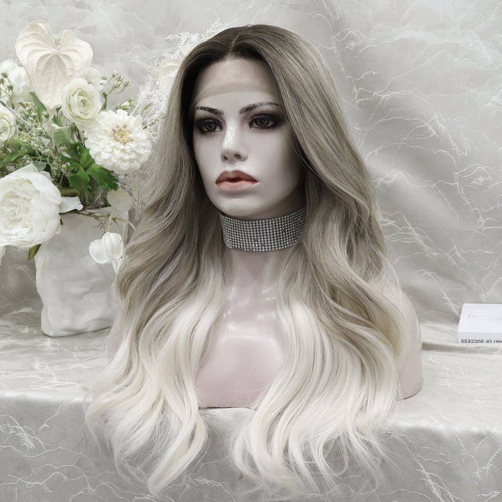Dark Roots Ombre Silver Grey to Blonde Wavy Synthetic Lace Wig - Imstylewigs