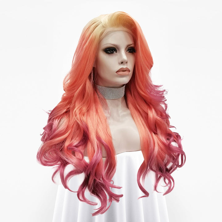 Flamingo - Blonde Orange Purple Ombre Long Wavy Synthetic Lace Front Wig - Imstyle-wigs