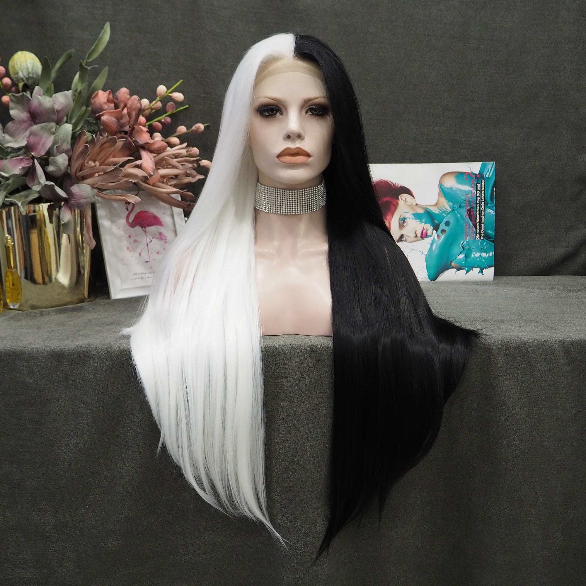 thumbnail interactive-video image 1 of HPO Narcissistic Witch Half Up Wig, Black Hair With White Streaks, Halloween Costume, Women's One Size 1 of 6