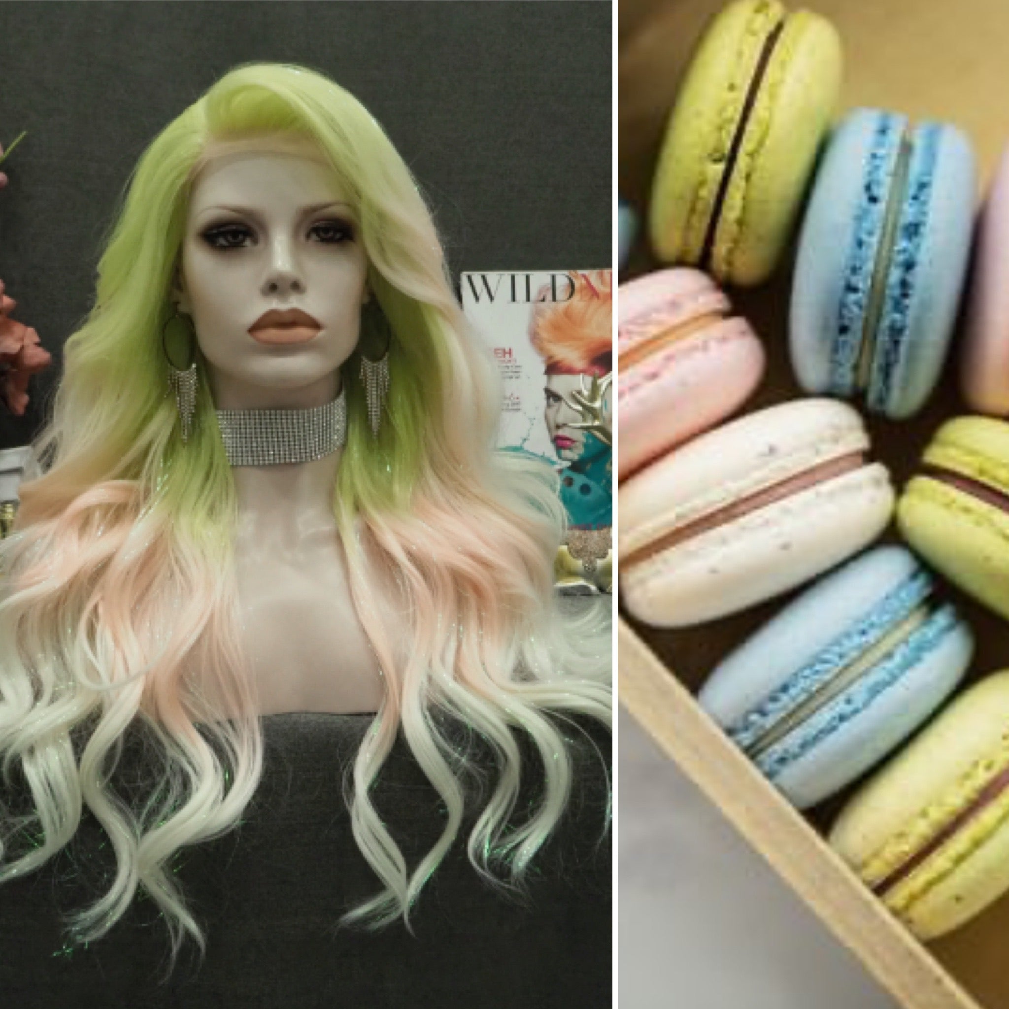 Macarons - Green to Light Pink Blue Ombre Tinsel Long Wavy  display picture 3