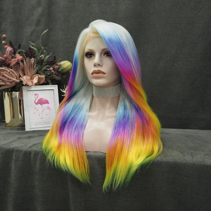 Palette Rainbow Multi Colorful Long Wave Synthetic Lace Front Wig - Imstyle-wigs