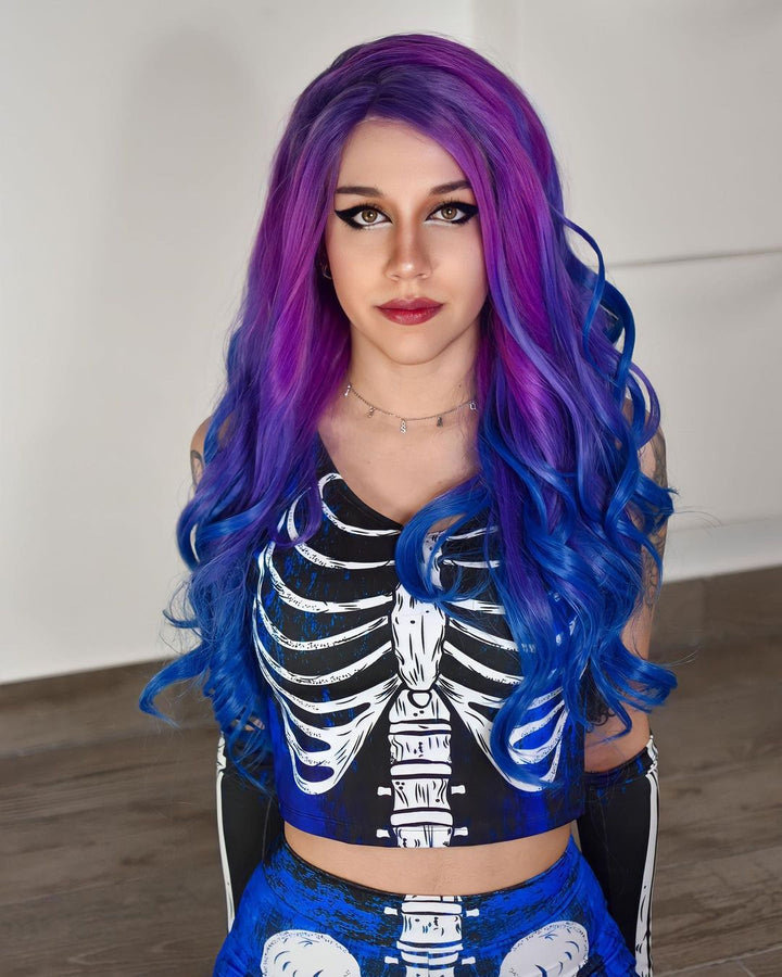 Queen-Purple And Blue Ombre Long Wave Lace Front Synthetic Wig - Imstyle-wigs