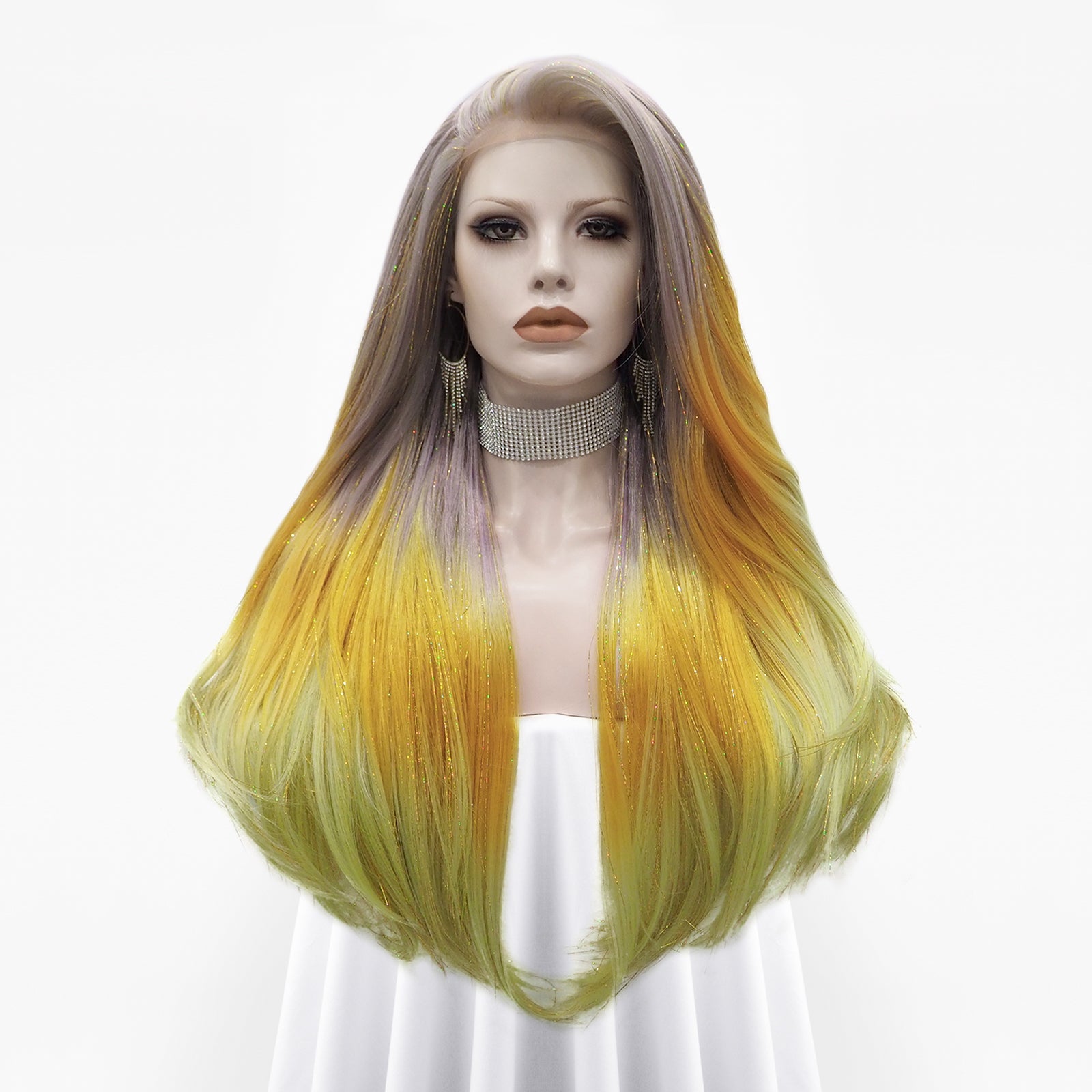 Light Red to Blonde Green Ombre with Tinsel Long Straight