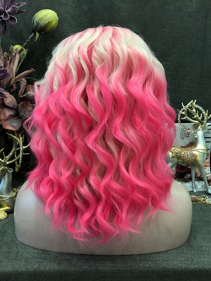 Sparkle - Pink Blonde Ombre Shoulder Length Loose Curl Synthetic Lace Front Wigs Imstyle - Imstyle-wigs