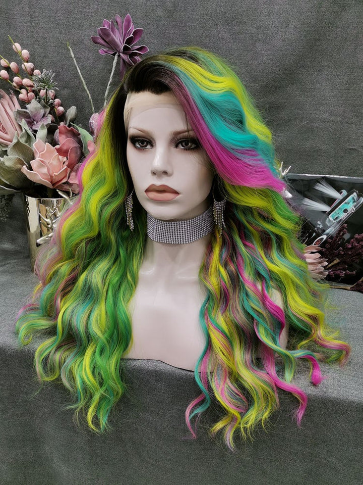 Spring-Iris Rainbow Green Synthetic Lace Wigs For Drag Queen - Imstyle-wigs