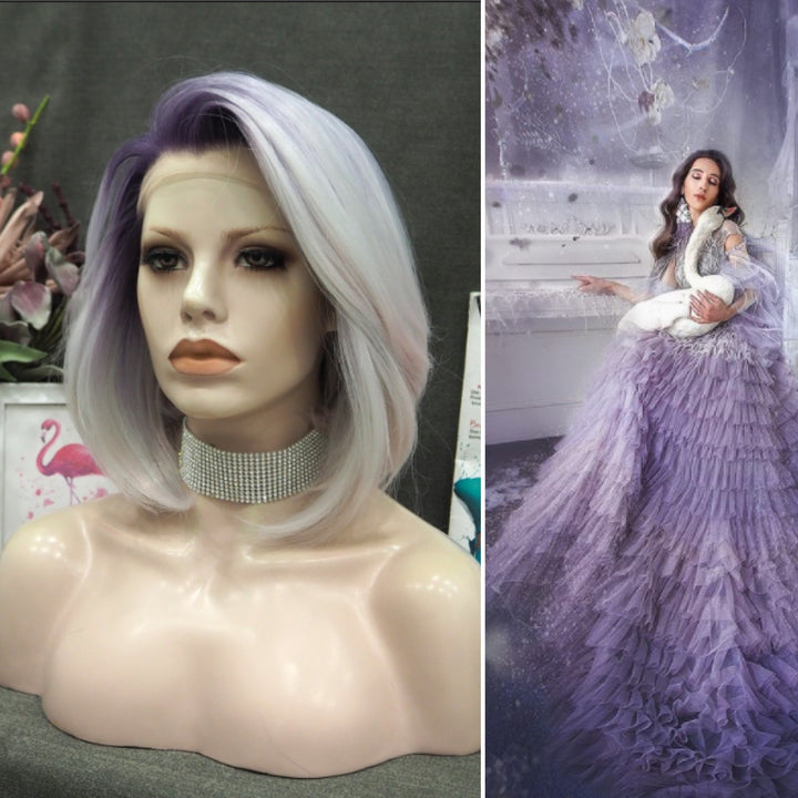 Winter- Purple white Ombre Short Bob Synthetic Lace Front Wig Imstyle - Imstyle-wigs