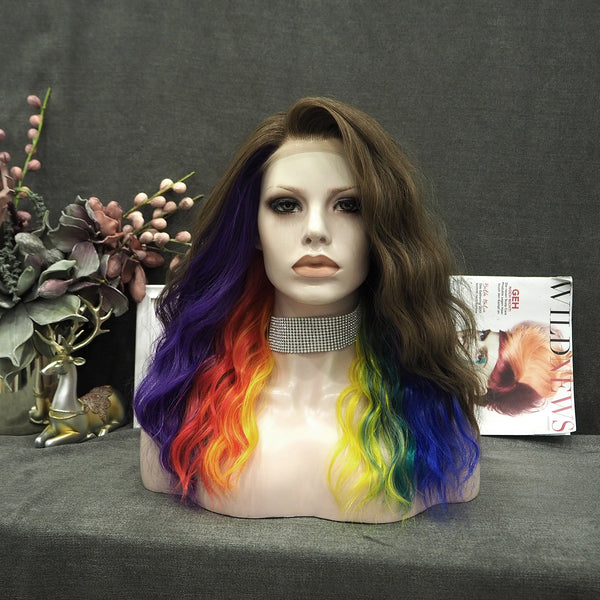 Brown Multi-Color Rainbow Curly Lace Front Wig