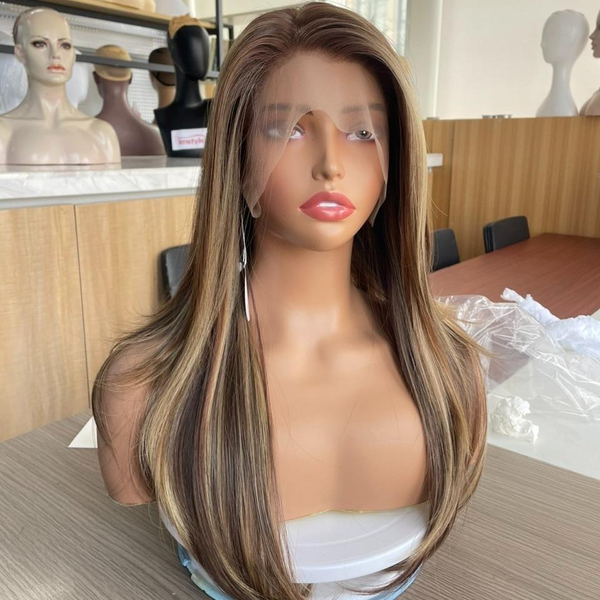 IMstyle Shailene Toffee Calico Warm Brown with Honey Blonde Highlight Layered Silky Straight Low Density Gluless 13*4 Free Parting Lace Front Syntehtic Wig for Daily Wear