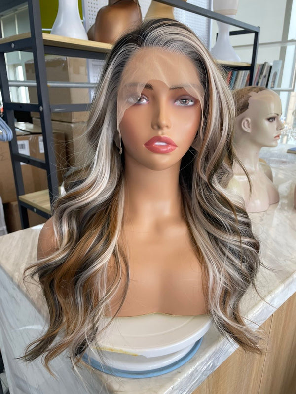 IMstyle Lexi Calico Dark Green & Caramel Brown Platinum Blonde Highlight Natural Wavy Glueless 13*4 Free Parting Lace Front Syntehtic Wig