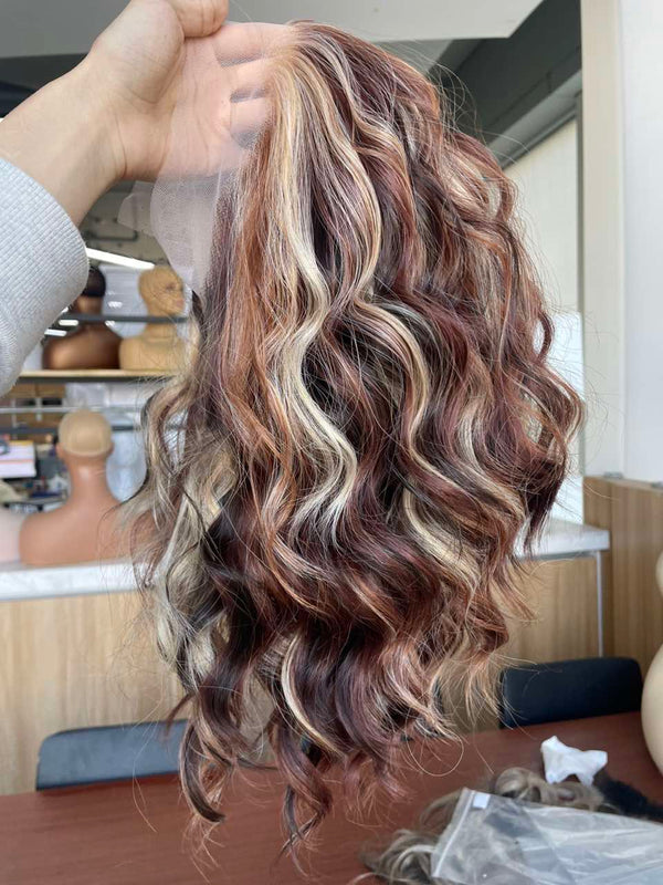 IMstyle Catilda OG Version Calico Auburn Brown and Blonde Highlight NO Rooting Ombre Color 13*4 Glueless Lace Front Wig Free Parting Shoulder Length Natural Wavy Curly Syntehtic Wig Old money Collection