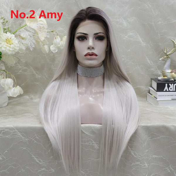 IMstyle Amy New Long Straight grey blonde with dark rooting Lace Front synthetic wig 13*4 Free parting - Imstylewigs