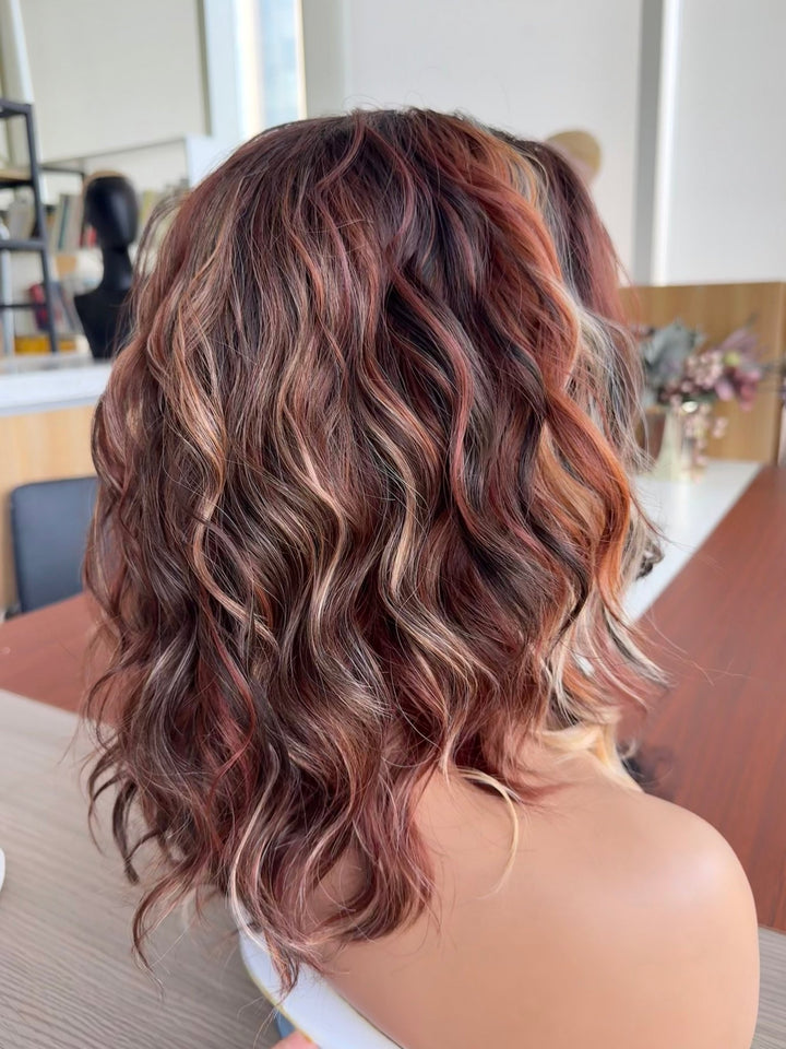 IMstyle Catilda Calico Auburn Brown and Blonde Highlight with Rooting Ombre Color 13*4 Glueless Lace Front Wig Free Parting Shoulder Length Natural Wavy Curly Syntehtic Wig Old money Collection - Imstylewigs