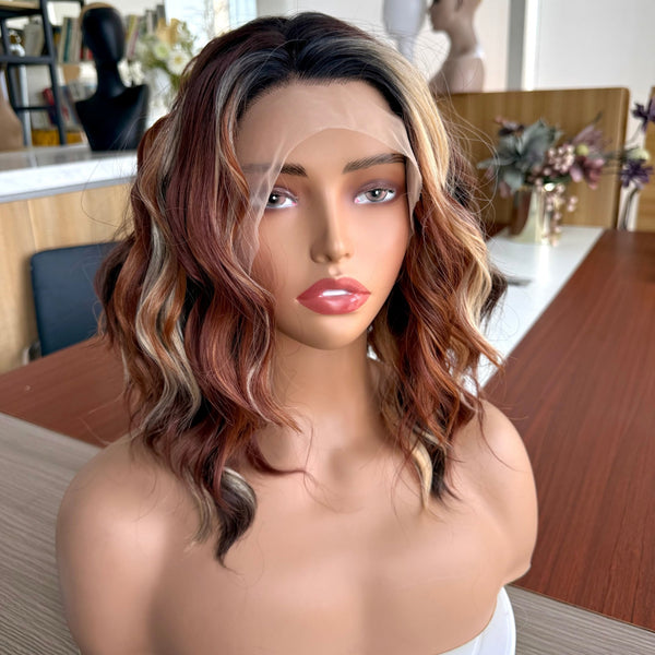 IMstyle Catilda Calico Auburn Brown and Blonde Highlight with Rooting Ombre Color 13*4 Glueless Lace Front Wig Free Parting Shoulder Length Natural Wavy Curly Syntehtic Wig Old money Collection - Imstylewigs