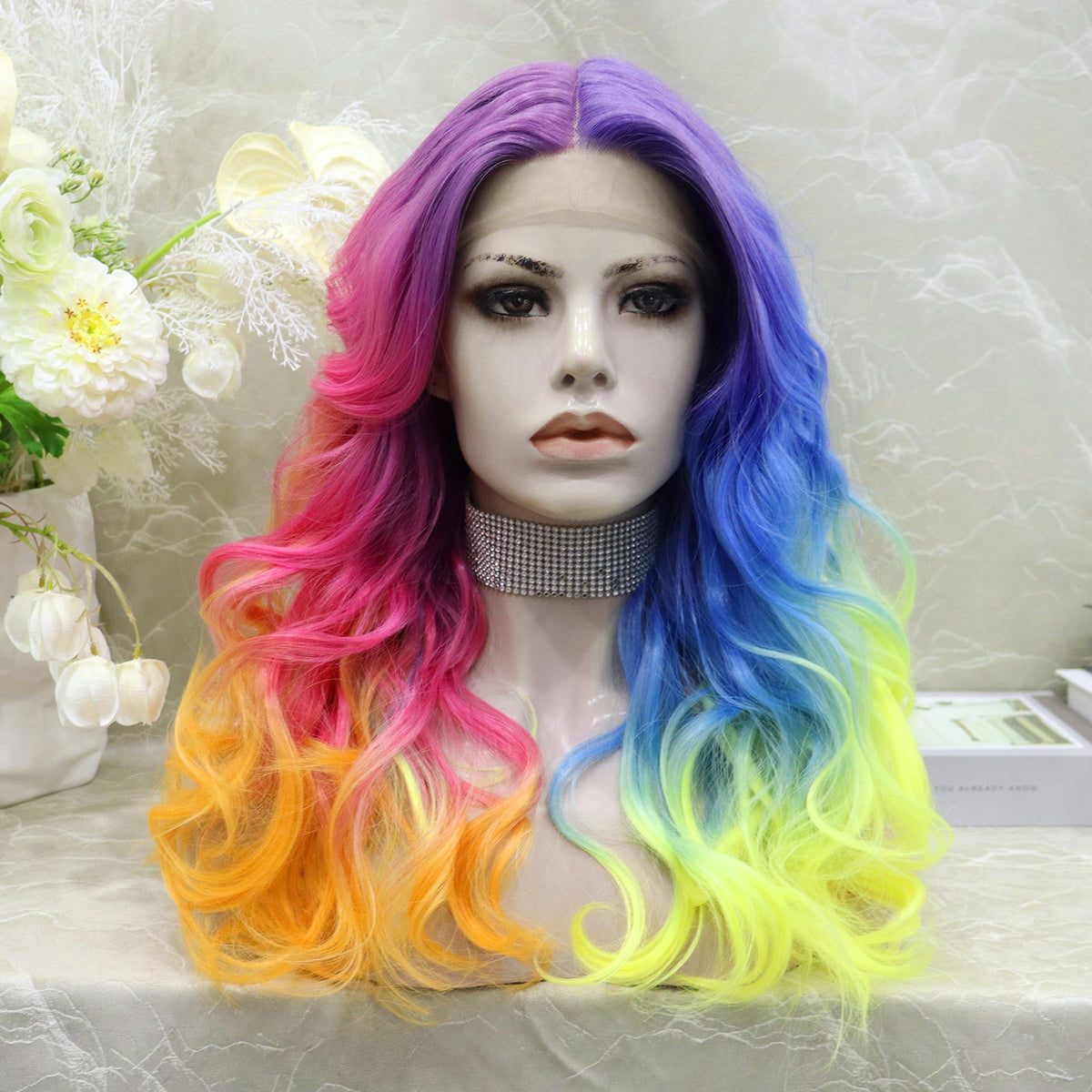 ✨NWT Rainbow ? Wig With Bangs Long Wavy Synthetic Heat Resistant Fiber Wig 26” Rainbow Synthetic Wigs Colorful Natural Wave Synthetic Wig  main image 3