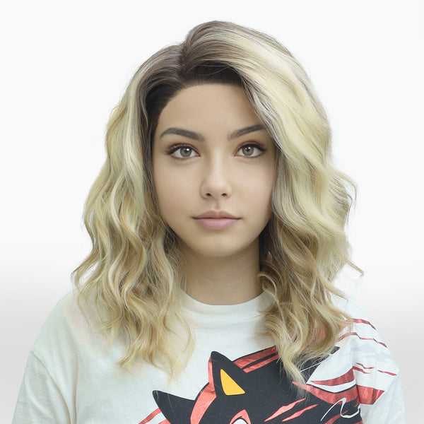 IMstyle Mila Blonde with Highlight Dark Rooting 13*4 Lace Front Shoulder Length Short Style Natural Wavy Curly Syntehtic Wig for Daily Wear - Imstylewigs