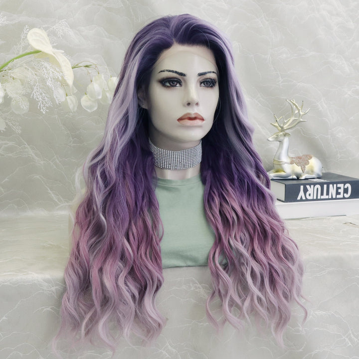 IMstyle New Arrival Fiona 13*2 Free part Low density Big volum 26 inches Curly Purple Ombre Color Gluless Pre pluck Lace Front Synthetic wig Party Daily K302 - 3T006 - F - Imstylewigs