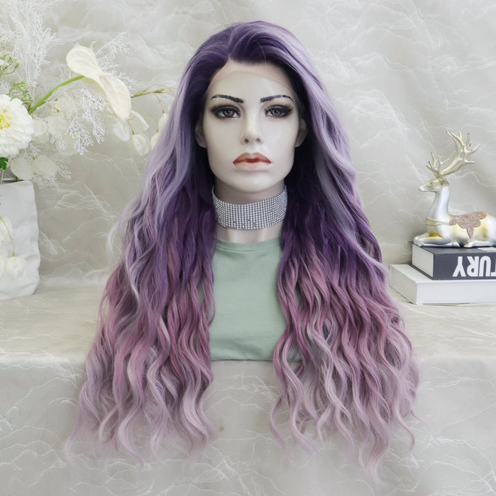 IMstyle New Arrival Fiona 13*2 Free part Low density Big volum 26 inches Curly Purple Ombre Color Gluless Pre pluck Lace Front Synthetic wig Party Daily K302 - 3T006 - F - Imstylewigs