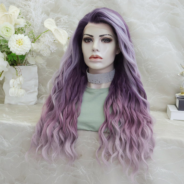 IMstyle New Arrival Fiona 13*2 Free part Low density Big volum 26 inches Curly Purple Ombre Color Gluless Pre pluck Lace Front Synthetic wig Party Daily K302 - 3T006 - F - Imstylewigs