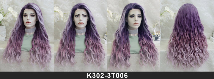 IMstyle New Arrival Fiona 13*2 Free part Low density Big volum 26 inches Curly Purple Ombre Color Gluless Pre pluck Lace Front Synthetic wig Party Daily K302 - 3T006 - F - Imstylewigs