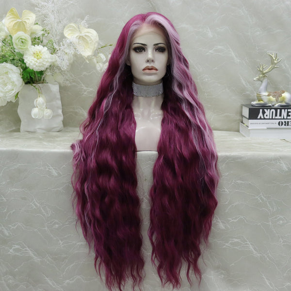 imstyle-Sunshine-burgendy red 34inches long wavy lace front synthetic wig 13*2 mini free parting - Imstylewigs