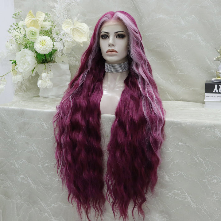 imstyle-Sunshine-burgendy red 34inches long wavy lace front synthetic wig 13*2 mini free parting - Imstylewigs