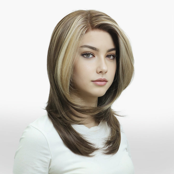 IMstyle Zoya Brunette Brown with Warm Blonde Highlight Layer Cut Wavy Style Free Parting Glueless 13*3 Lace Front Wigs Heat Friendly Synthetic Wig for Women Daily Wear - Imstylewigs