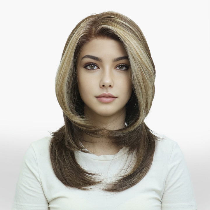 IMstyle Zoya Brunette Brown with Warm Blonde Highlight Layer Cut Wavy Style Free Parting Glueless 13*3 Lace Front Wigs Heat Friendly Synthetic Wig for Women Daily Wear - Imstylewigs