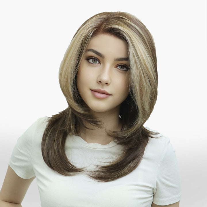 IMstyle Zoya Brunette Brown with Warm Blonde Highlight Layer Cut Wavy Style Free Parting Glueless 13*3 Lace Front Wigs Heat Friendly Synthetic Wig for Women Daily Wear - Imstylewigs