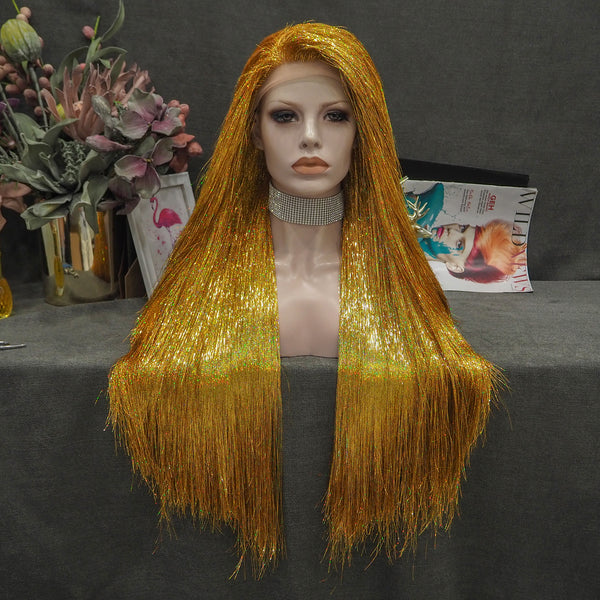 Golden - Blonde Full Tinsel Long Straight Gold Drag Wig