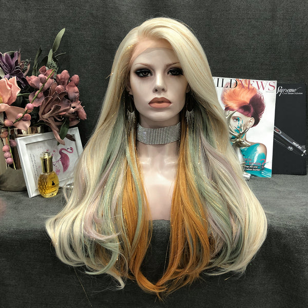 Gloria - Blonde-Light green & Deep Yellow Highlighted With Shiny Tinsel Synthetic Lace Front Wig