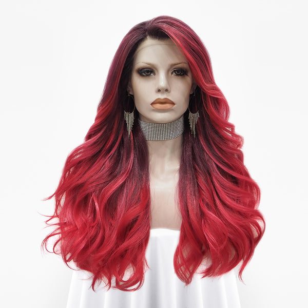 Rose - Wine Red With Dark Root Long Wavy Synthetic Lace Front Wig