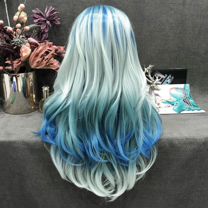 Acionna - Sky And Pastel Blue Ombre Long Loose Wave Synthetic Lace Front Wig - Imstyle-wigs