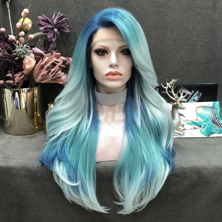 Acionna - Sky And Pastel Blue Ombre Long Loose Wave Synthetic Lace Front Wig - Imstyle-wigs