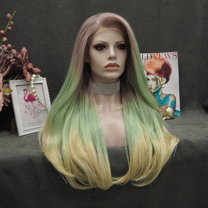 Ann - Sand Red to Green Blonde Ombre with Tinsel Long Straight Synthetic Lace Front Wig - Imstyle-wigs