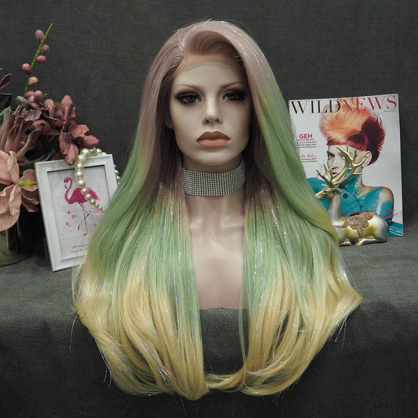 Ann - Sand Red to Green Blonde Ombre with Tinsel Long Straight Synthetic Lace Front Wig - Imstyle-wigs