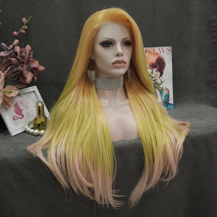 Arianna - Blonde to Light Green Pink Ombre with Tinsel Long straight Synthetic Lace Front Wig - Imstyle-wigs