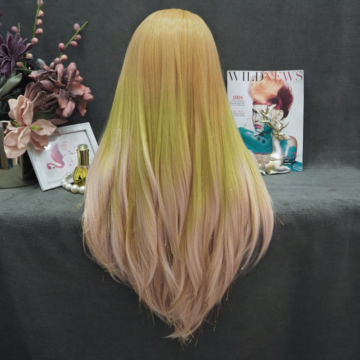 Arianna - Blonde to Light Green Pink Ombre with Tinsel Long straight Synthetic Lace Front Wig - Imstyle-wigs