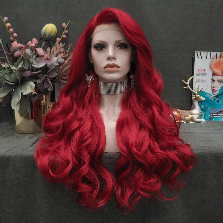 Ariel Fire Red Long Wavy Synthetic Lace Front Wig Cosplay Wig