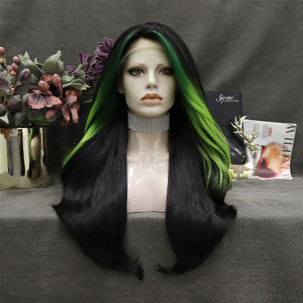 Black With Green Highlights Long Wave Synthetic Lace Front Imstyle Wig - Imstyle-wigs