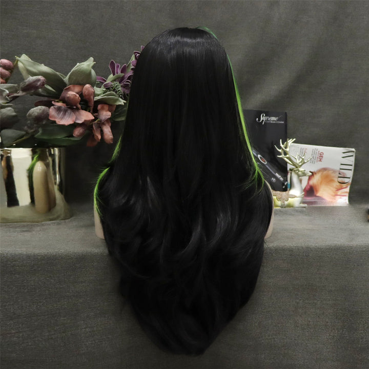 Black With Green Highlights Long Wave Synthetic Lace Front Imstyle Wig - Imstyle-wigs