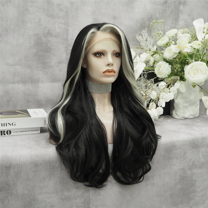 Black With White Highlights Long Wave Synthetic Lace Front Imstyle Wig - Imstyle-wigs