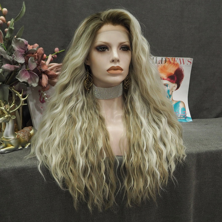 Blonde Brown Highlights Curly Long Synthetic Lace Front Wig - Imstyle-wigs