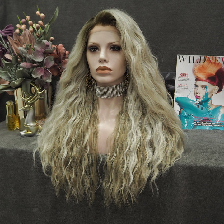 Blonde Brown Highlights Curly Long Synthetic Lace Front Wig - Imstyle-wigs