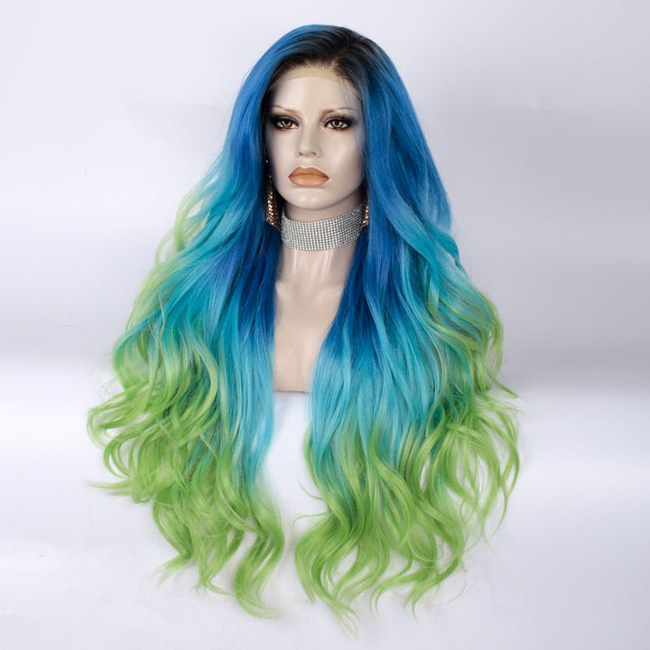 Blue to Green Ombre Dark Root Long Loose Wave Synthetic Lace Front Wig - Imstyle-wigs