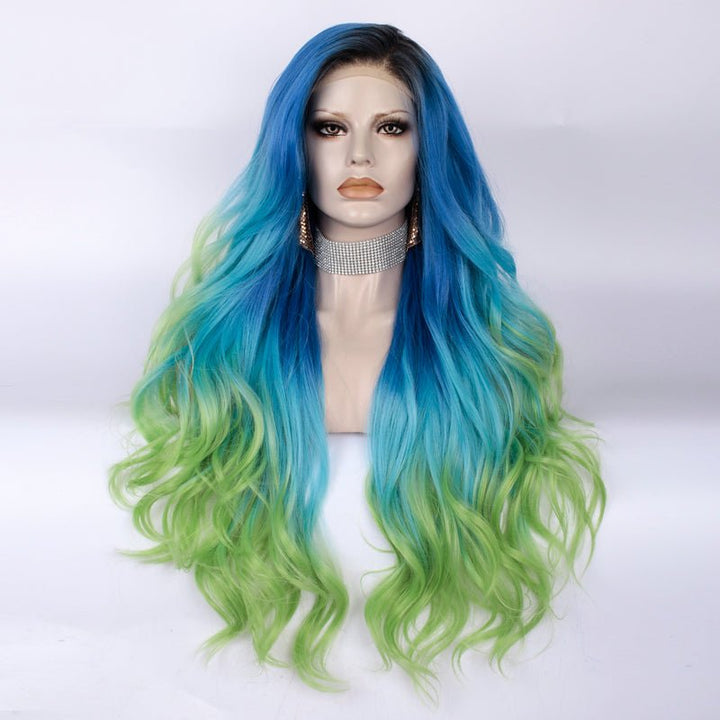 Blue to Green Ombre Dark Root Long Loose Wave Synthetic Lace Front Wig - Imstyle-wigs