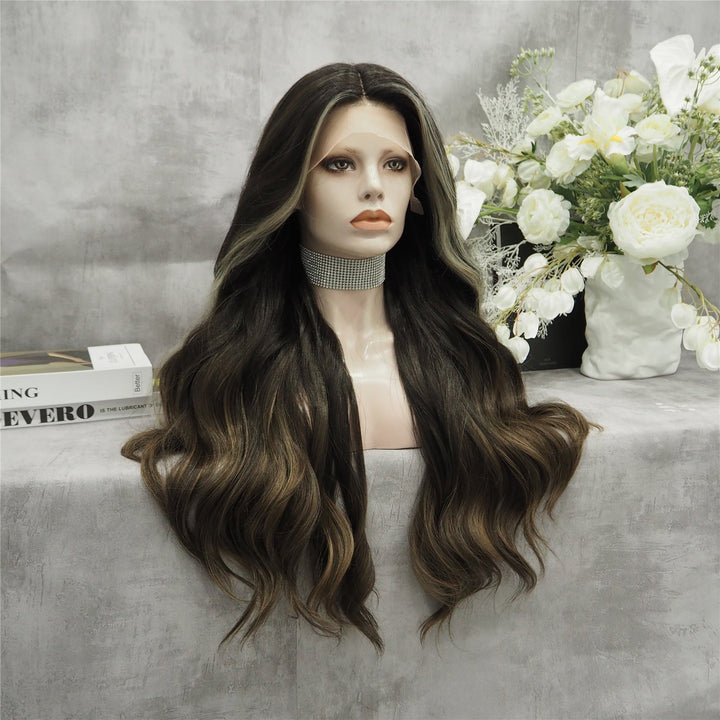 Bonnie Brown Highlights long Body Wave Synthetic Lace Front Daily Natural Wig - Imstyle-wigs