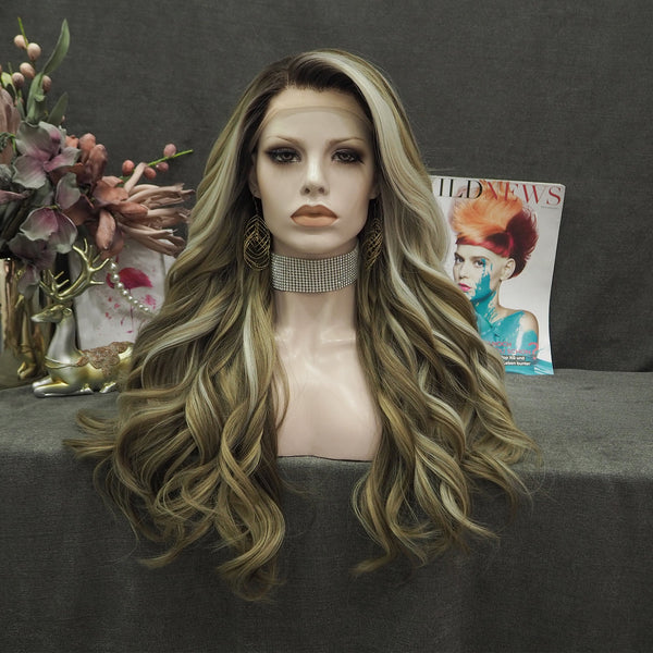 Brown And Blonde Highlights Long Loose Curl Synthetic Lace Front Daily Wig Imstyle - Imstyle-wigs