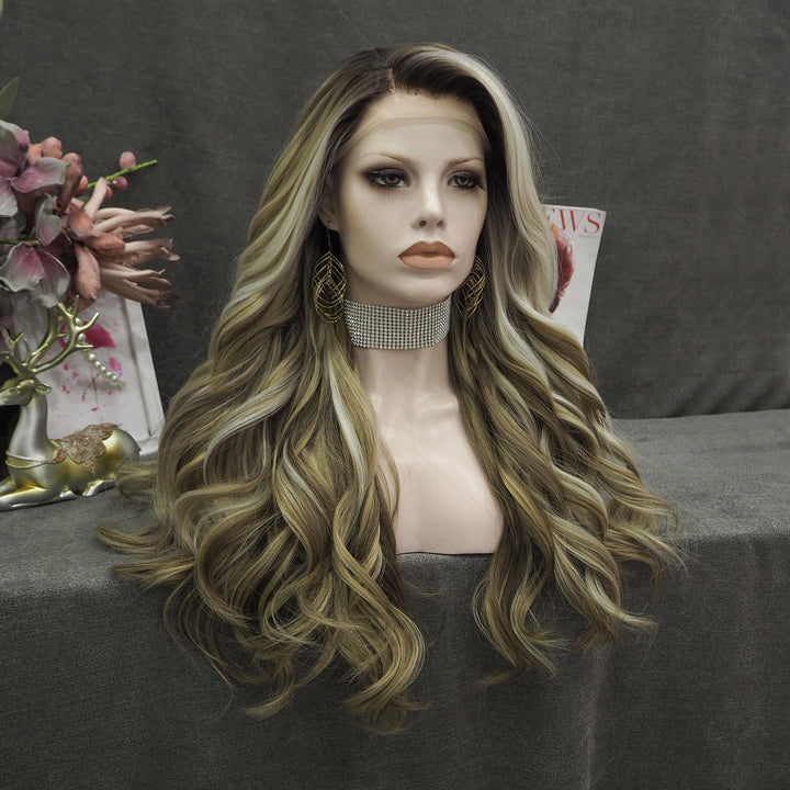Brown And Blonde Highlights Long Loose Curl Synthetic Lace Front Daily Wig Imstyle - Imstyle-wigs