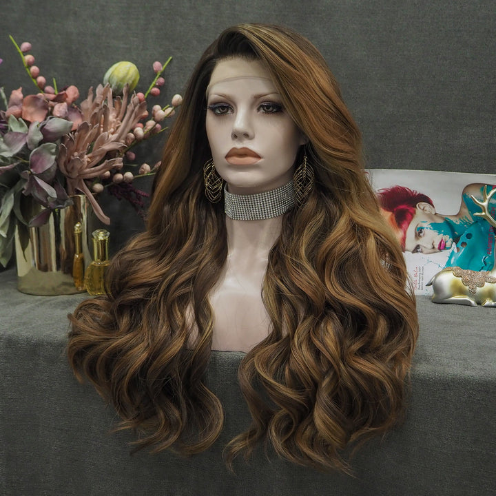 Brown Highlights Long Wave Synthetic Lace Front Women Wig - Imstyle-wigs